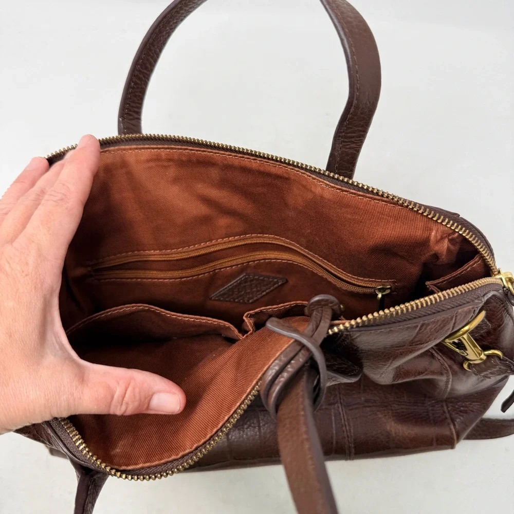 Vintage Fossil Satchel Brown Medium Croco Embossed Leather Crossbody Bag